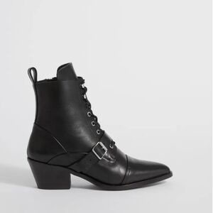AllSaints Katy lace up heeled leather boots with buckle in black